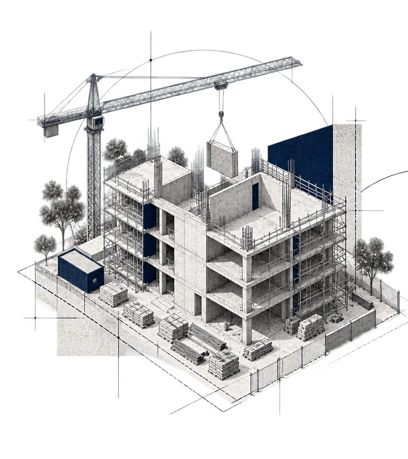 Bâtiment en construction, grue et enveloppe en cours de réalisation