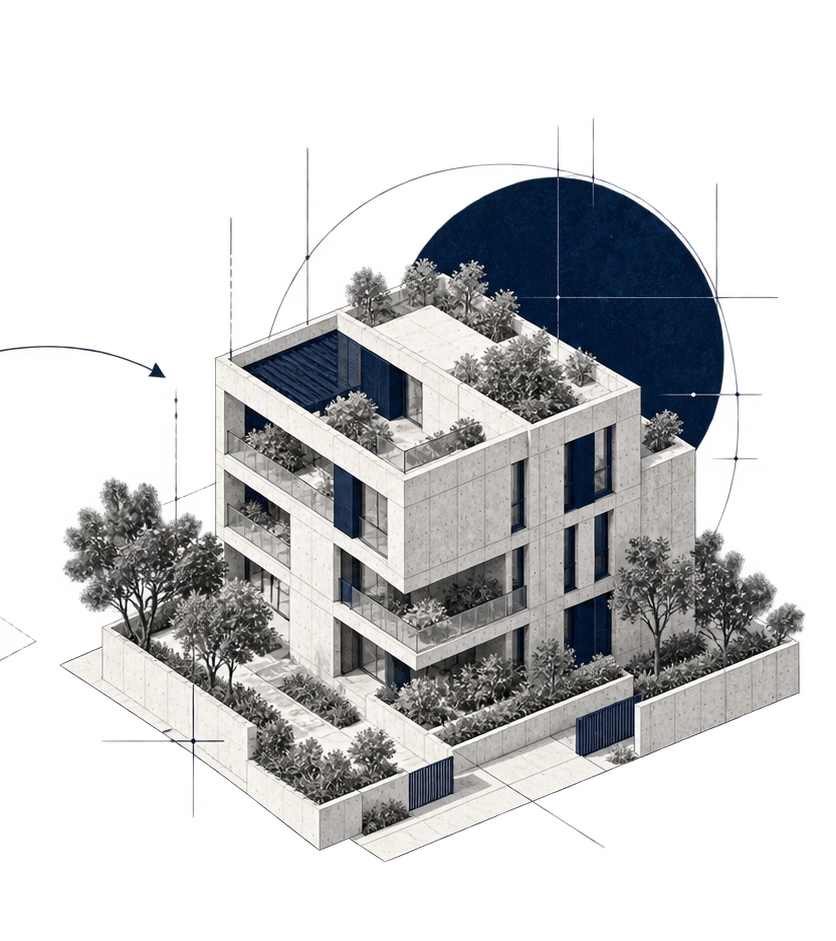 Bâtiment achevé et intégré dans son environnement paysager