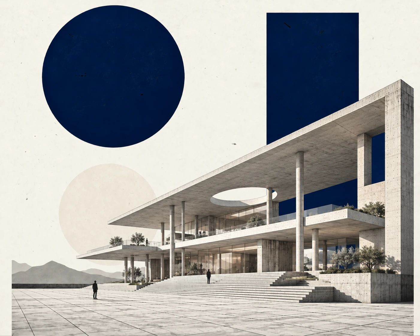 Architecture contemporaine en béton clair, composition éditoriale et formes bleu profond — illustration 01B.
